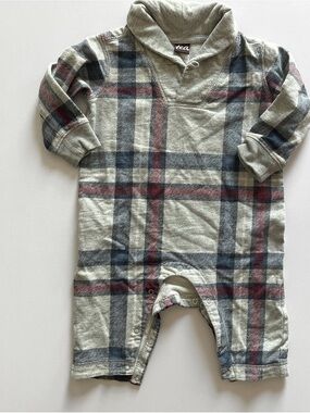 Tea Collection romper baby boy 3-6 months cotton long sleeve plaid cotton gray